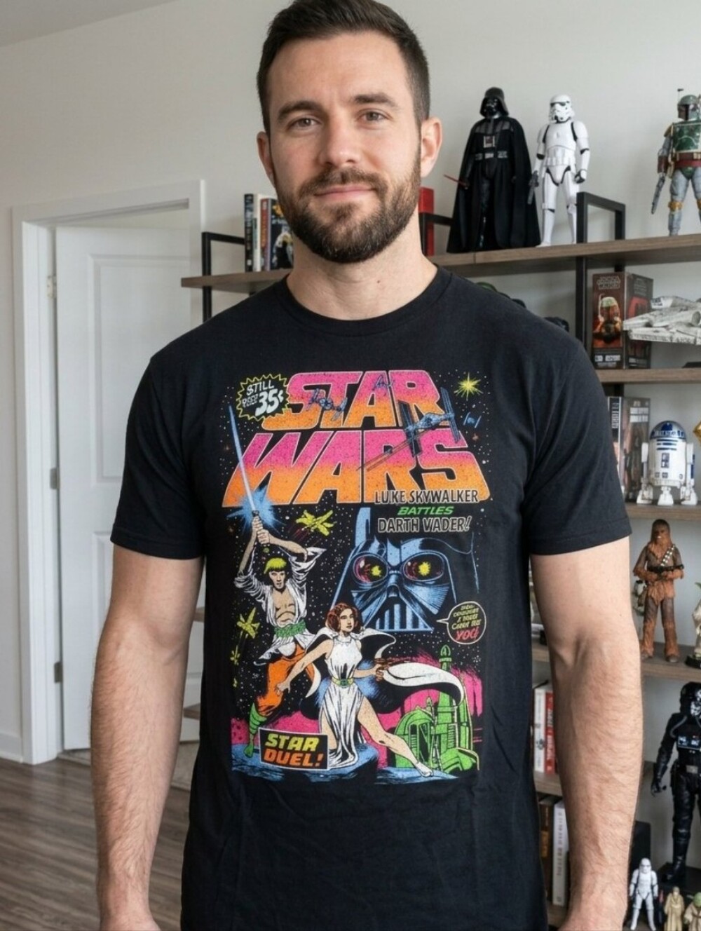 Star Wars Black Retro Comic Luke Skywalker Battles Darth Vader Graphic Tee
